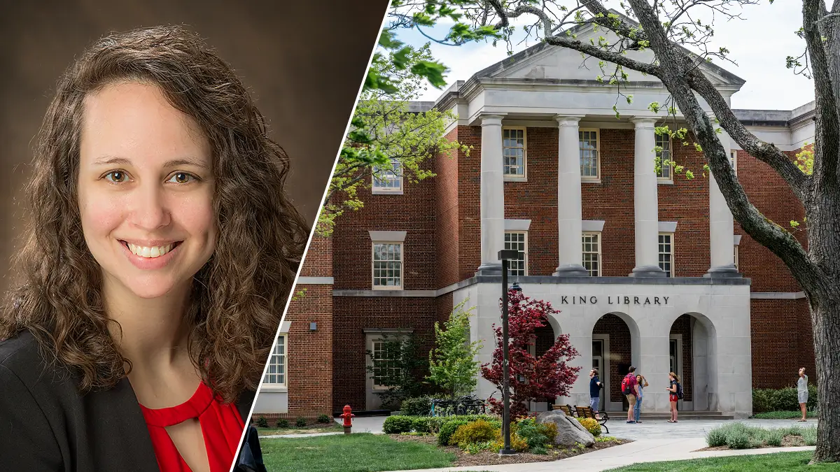 A graphic with a photograph of Ginny Boehme on the left and a photograph of King Library on the right.