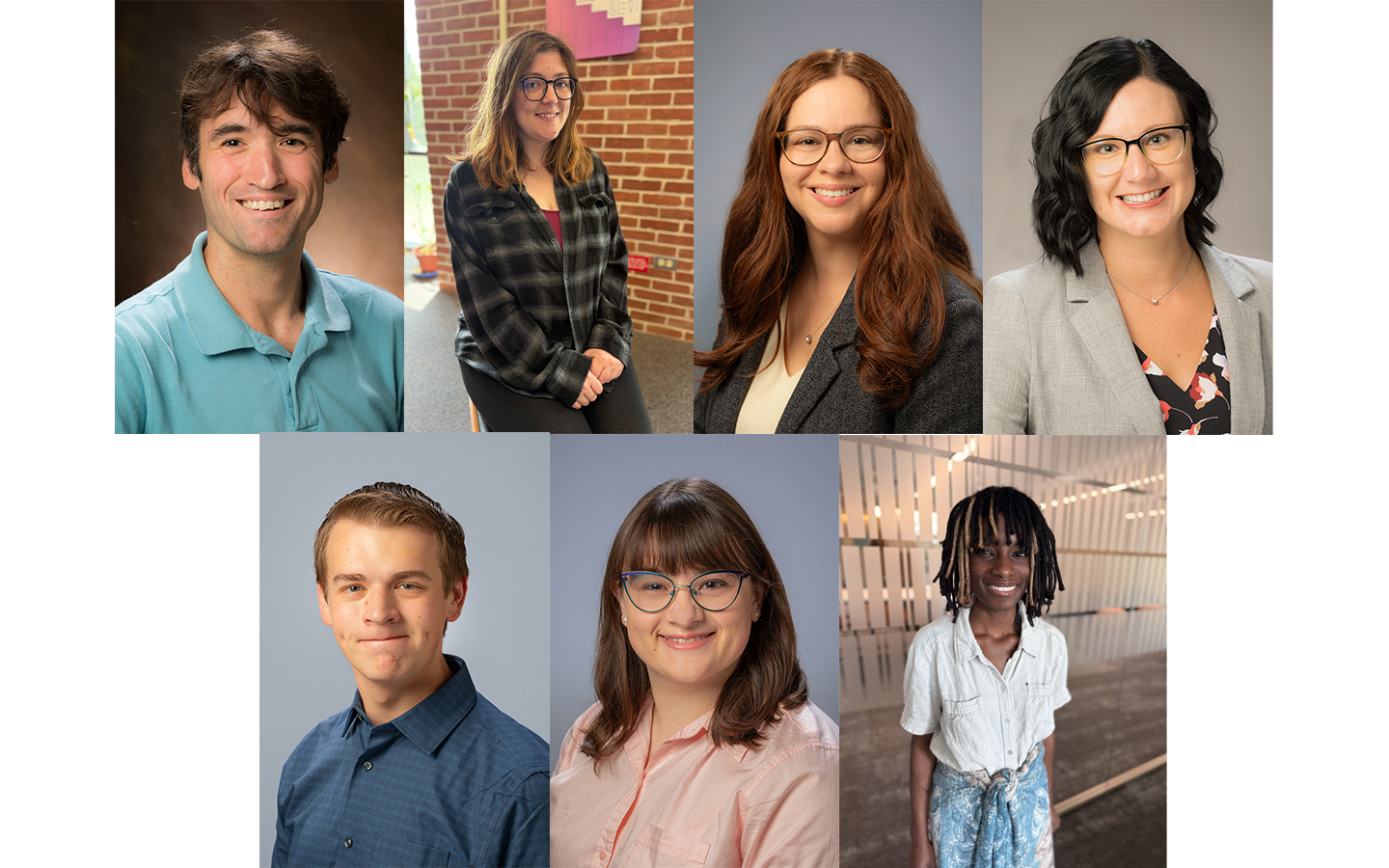 Seven tiled headshots featuring new employees and employees who are in new positions. 